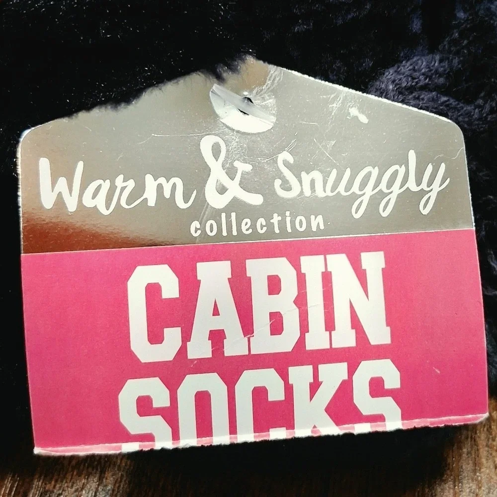 Warm & Snuggly Collection Cabin Socks Navy Blue Chenille Faux Fur Pom Poms NWT